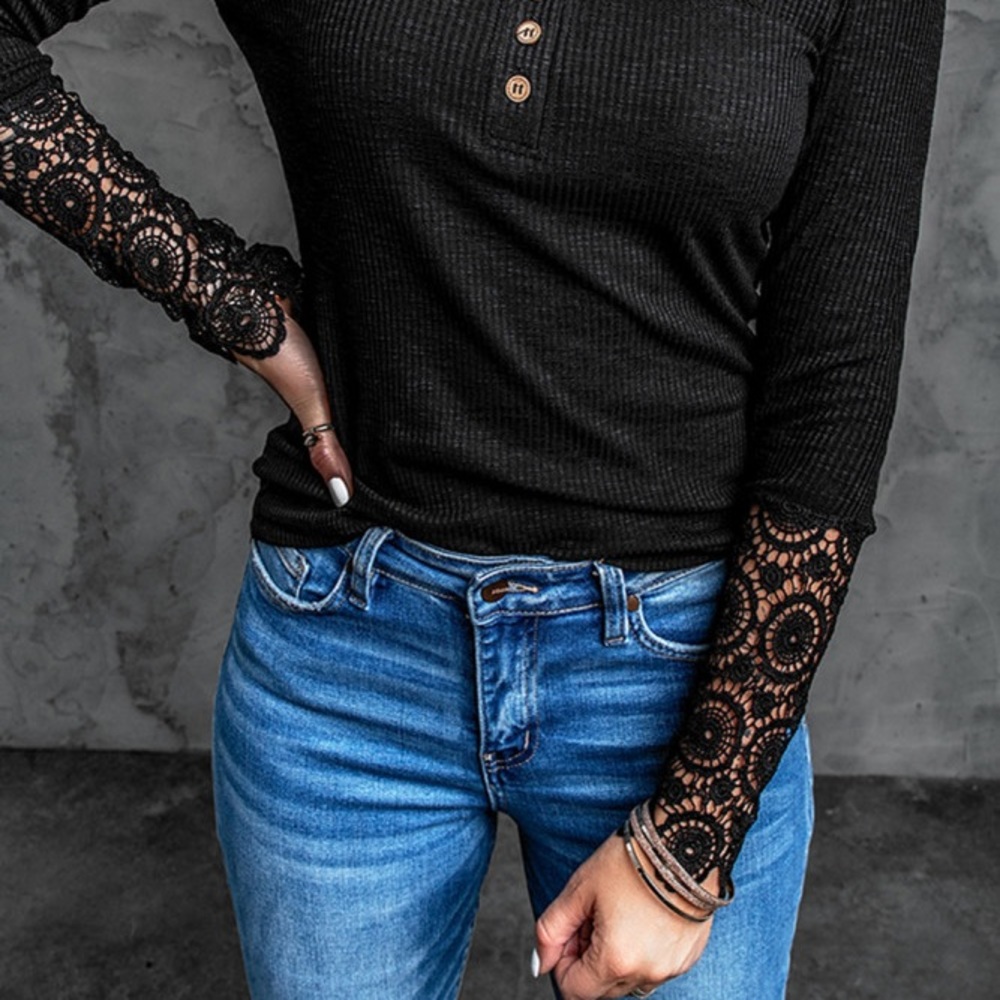 Black Crochet Plus Sized Lace Hem Sleeve Button Rib Knit Henley Top - 2X - Picture 4 of 12